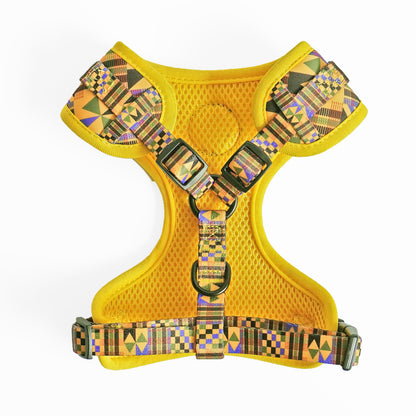 Kente Canines Gold Rush Yellow dog harness with colorful african inspired kente pattern on a white background