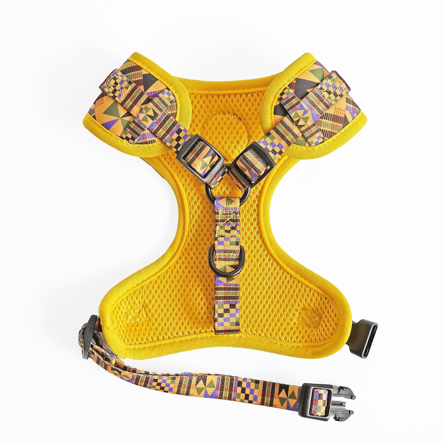 Kente Canines Gold Rush Yellow dog harness back with colorful african inspired kente pattern on a white background
