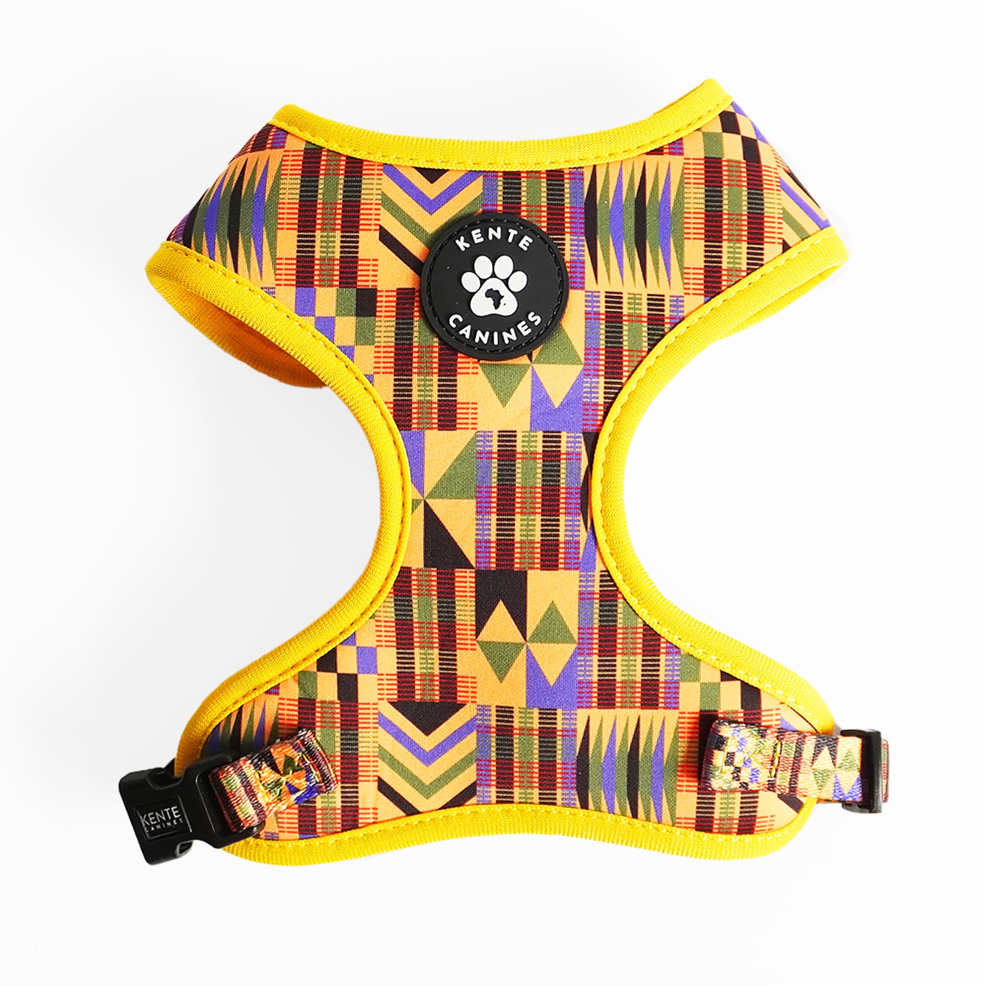 Kente Canines Gold Rush Yellow dog harness front with colorful african inspired kente pattern on a white background