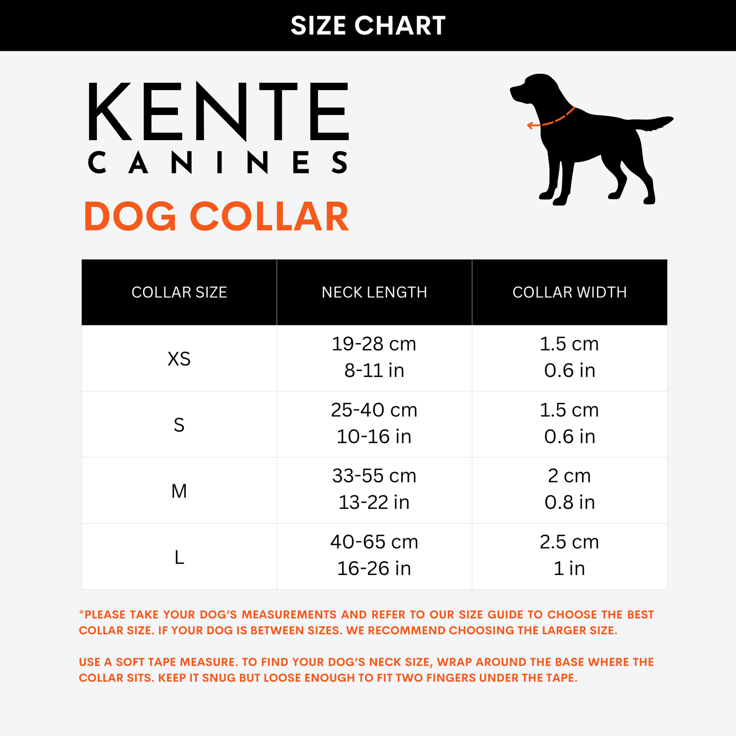 Kente Canines dog collar size chart with measurements