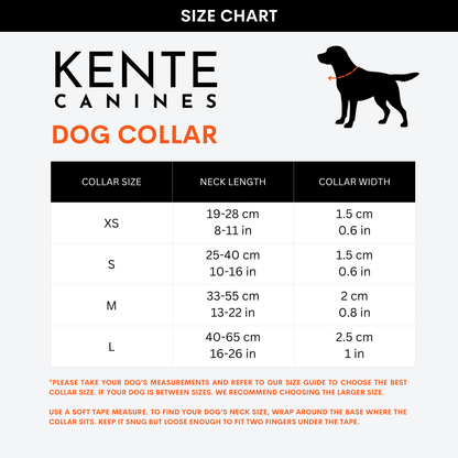 Kente Canines dog collar size chart with measurements