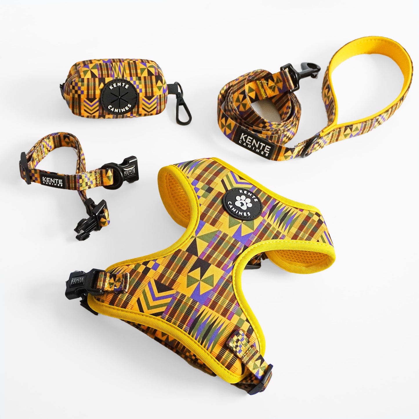 Kente Canines Gold Rush Dog harness, leash, and collar set with geometric pattern on a white background