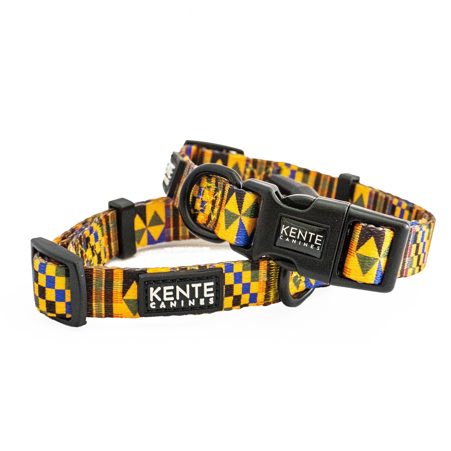 Kente Canines Gold Rush Dog collar with black and yellow pattern on a white background