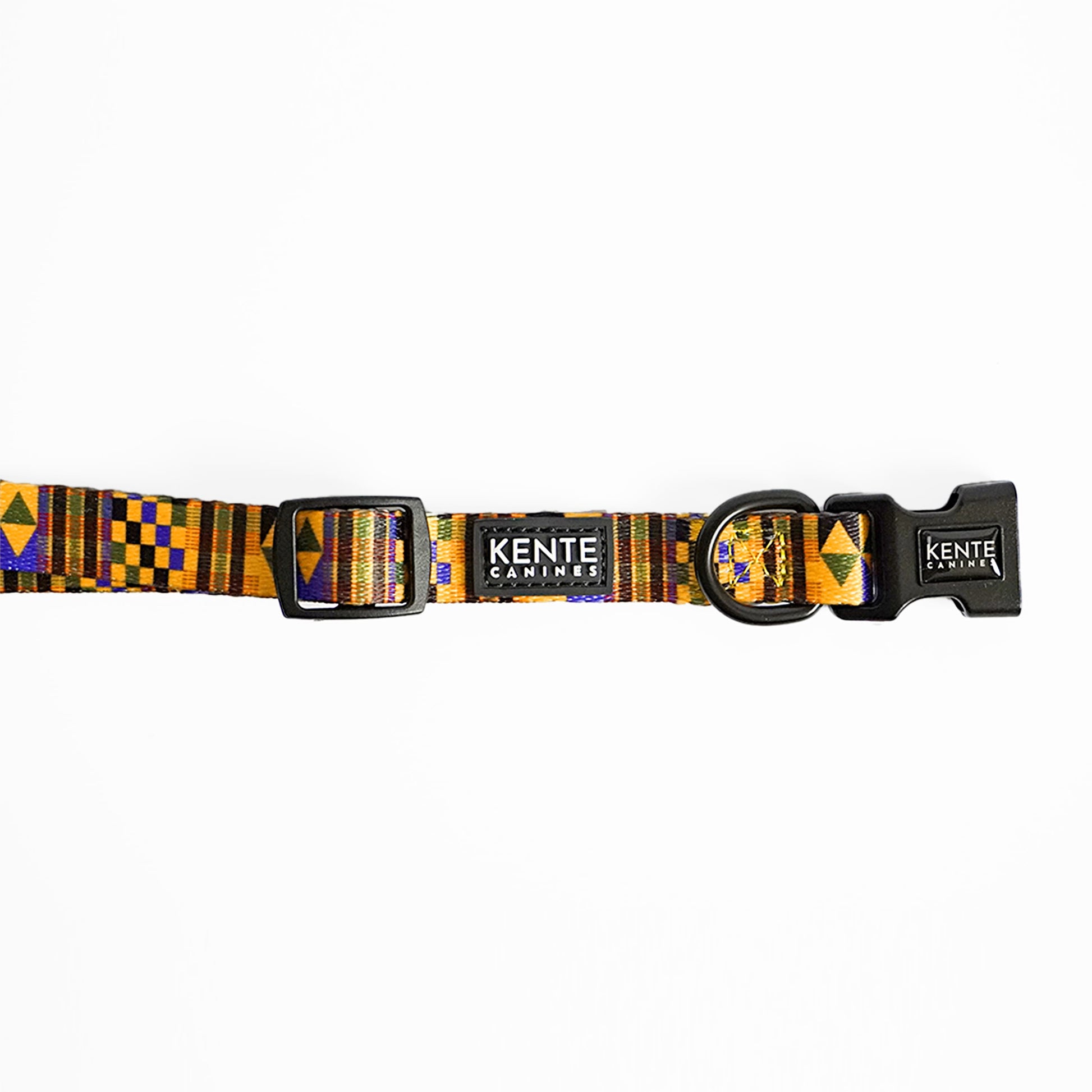Kente Canines Gold Rush Dog collar with black and yellow pattern on a white background