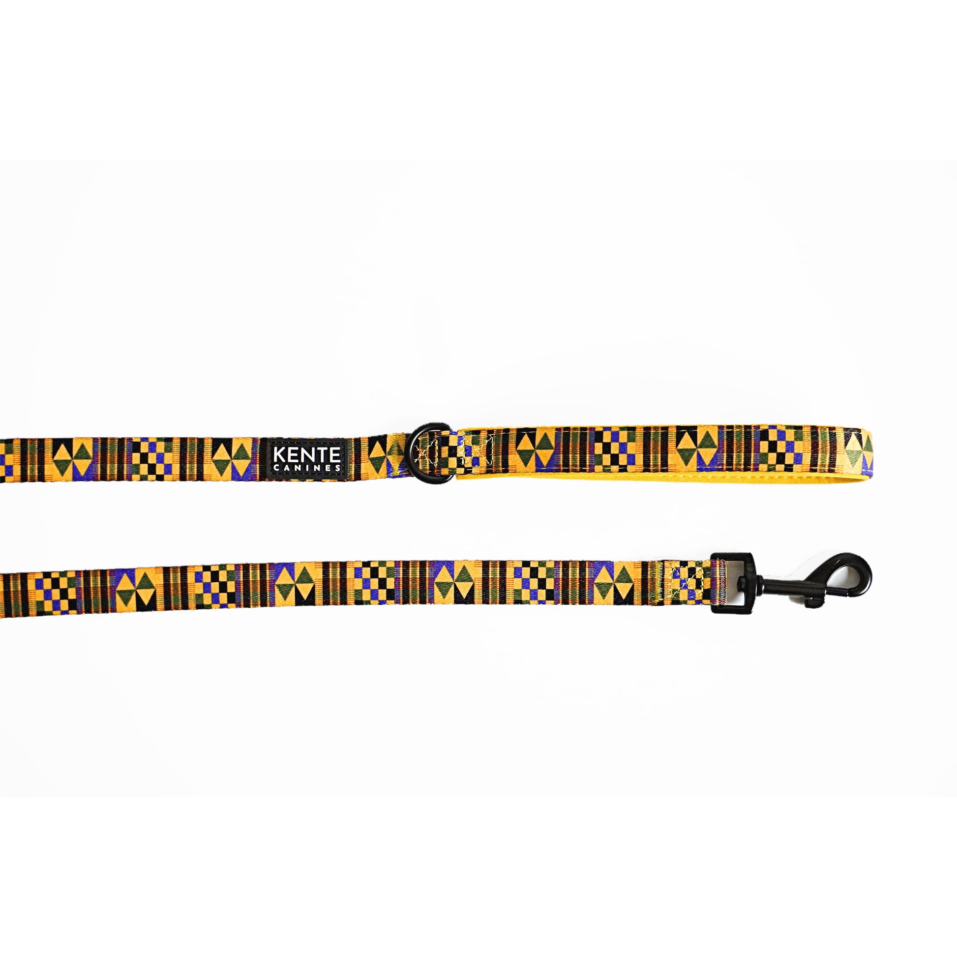 Kente Canines Gold Rush yellow leash with Kente pattern on a white background
