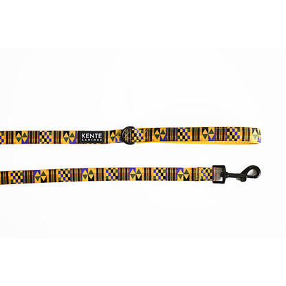 Kente Canines Gold Rush yellow leash with Kente pattern on a white background