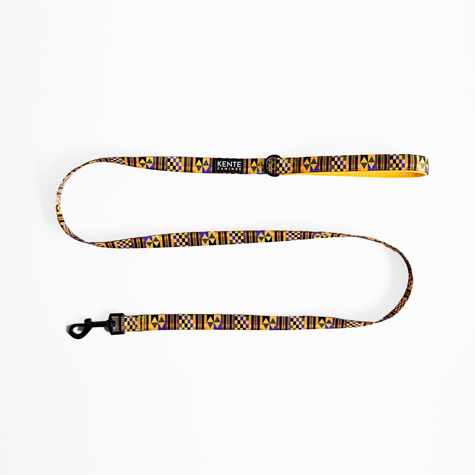 Kente Canines Gold Rush yellow leash with Kente pattern on a white background
