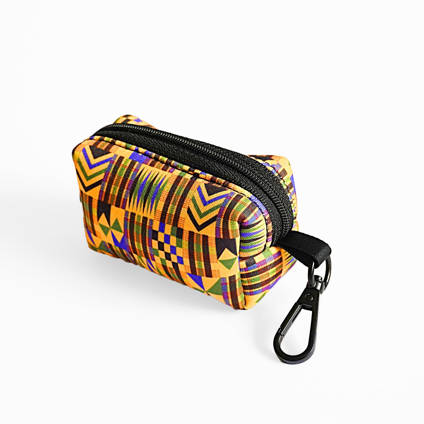 Kente Canines Gold Rush Colorful geometric-patterned poop bag pouch dispenser back with a carabiner on a white background