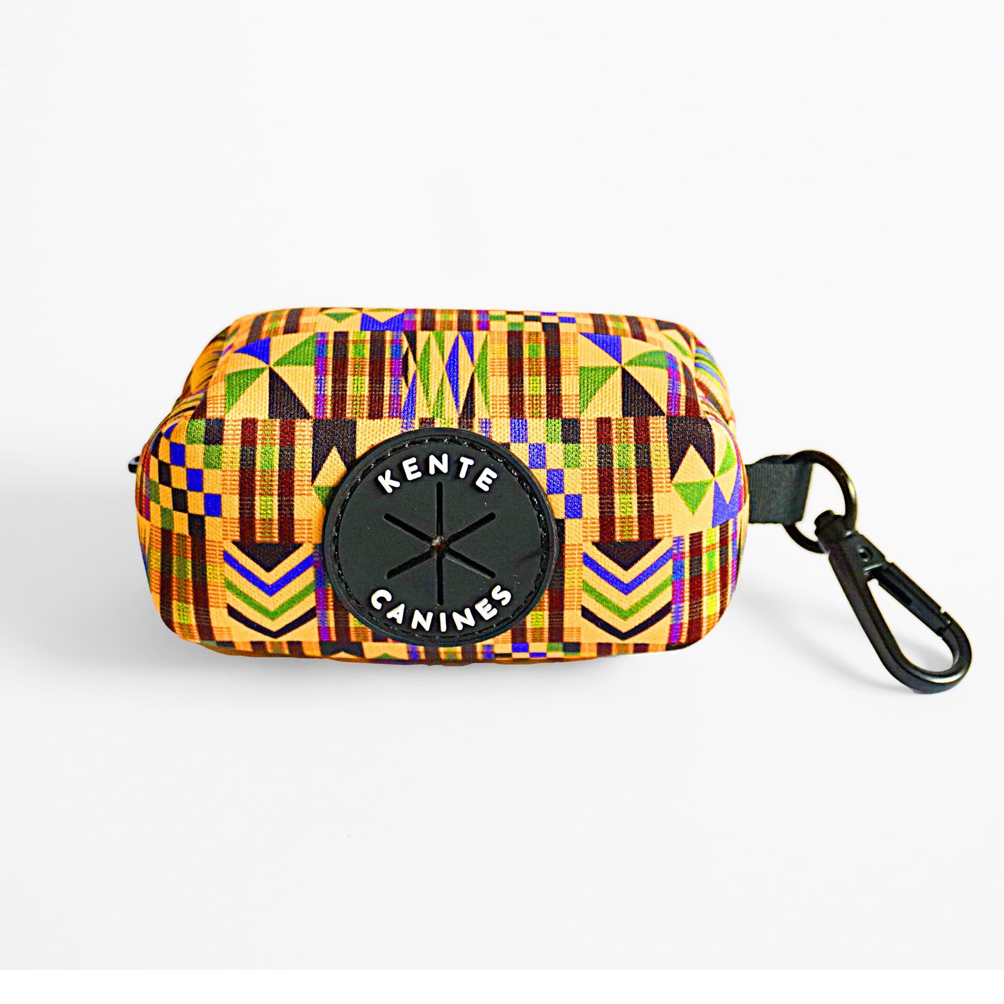 Kente Canines Gold Rush Colorful geometric-patterned poop bag pouch dispenser front with a carabiner on a white background