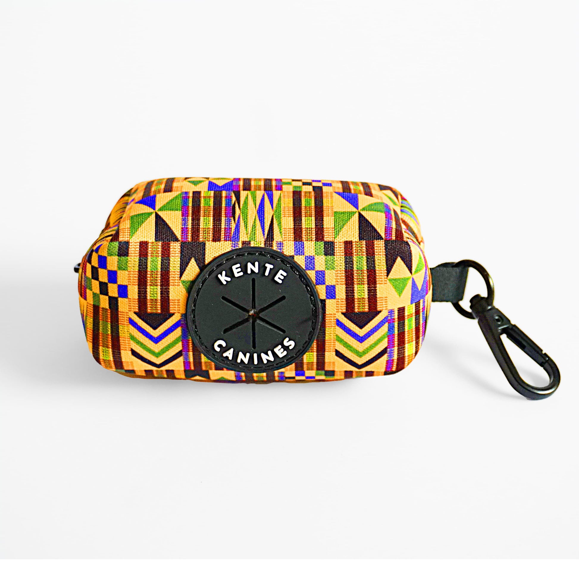 Kente Canines Gold Rush Colorful geometric-patterned poop bag pouch dispenser front with a carabiner on a white background