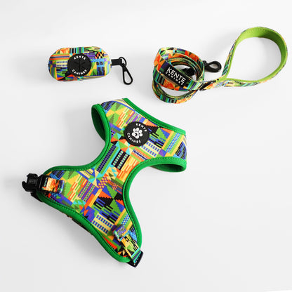 Kente Canines Jungle Green Bundle 3 Piece Set - Colorful dog harness and leash set with kente inspired pattern on a white background