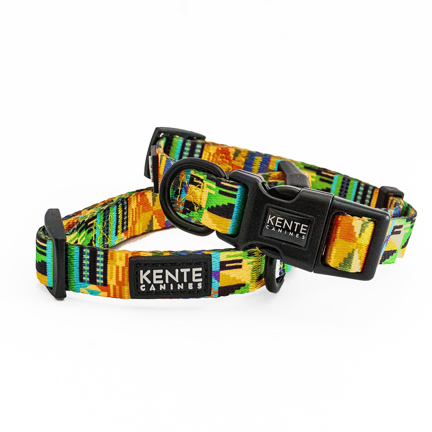 Kente Canines Jungle Green Colorful dog collar with 'Kente Canines' branding on a white background
