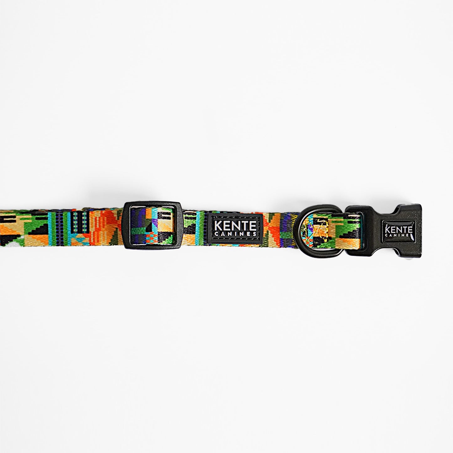 Kente Canines Jungle Green Colorful dog collar with 'Kente Canines' branding on a white background