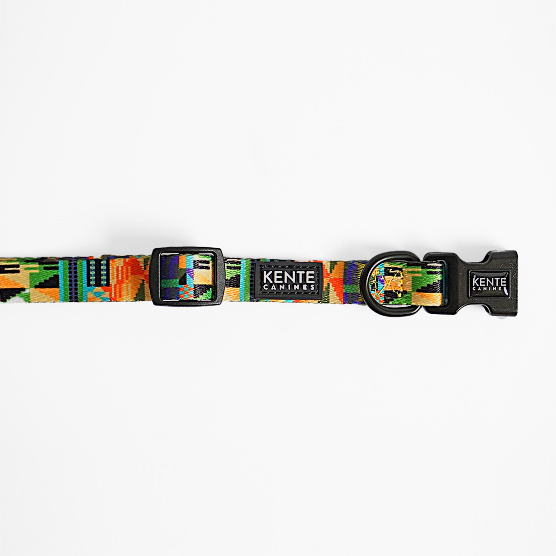 Kente Canines Jungle Green Colorful dog collar with 'Kente Canines' branding on a white background