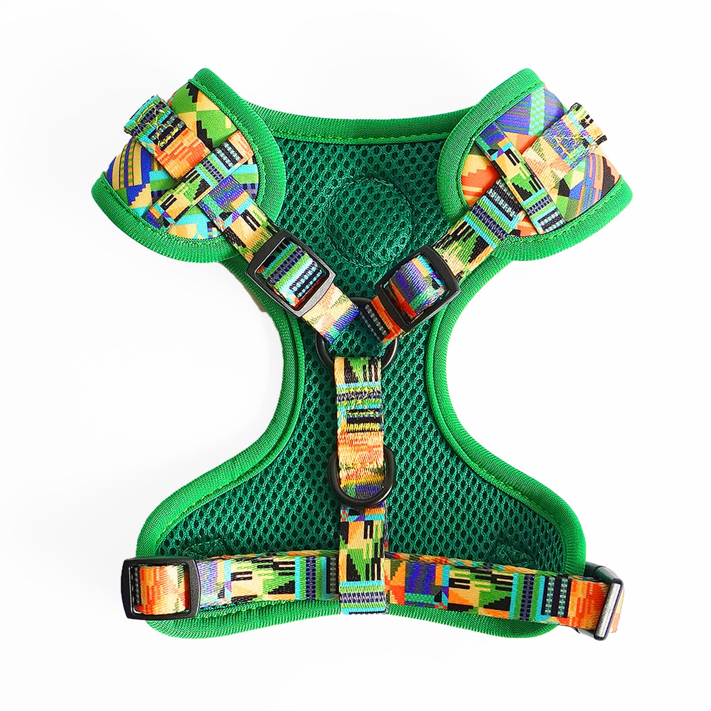 Kente Canines Jungle Green dog harness back with colorful pattern on a white background