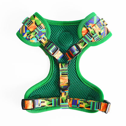 Kente Canines Jungle Green dog harness back with colorful pattern on a white background