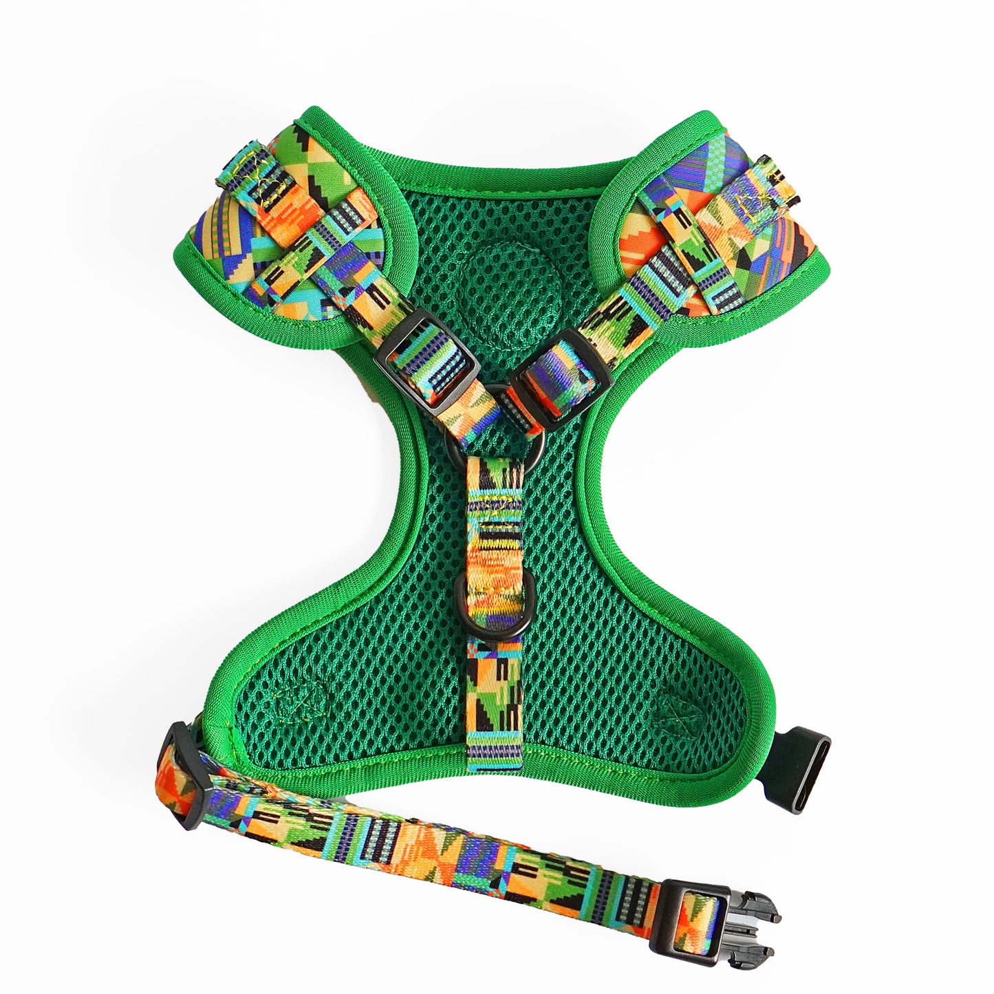 Kente Canines Jungle Green dog harness back unclipped with colorful pattern on a white background