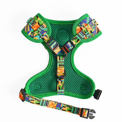 Kente Canines Jungle Green dog harness back unclipped with colorful pattern on a white background