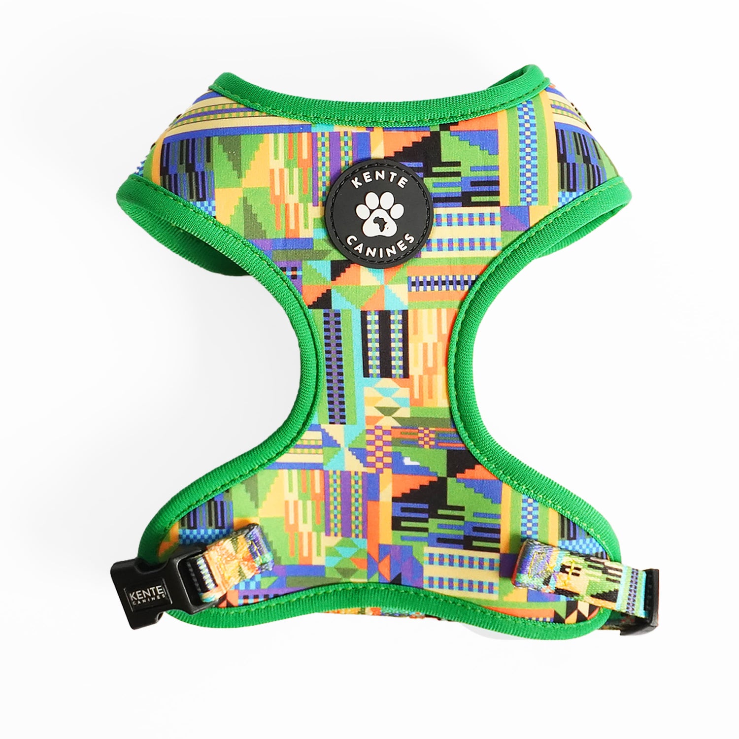 Kente Canines Jungle Green dog harness frontwith colorful pattern on a white background