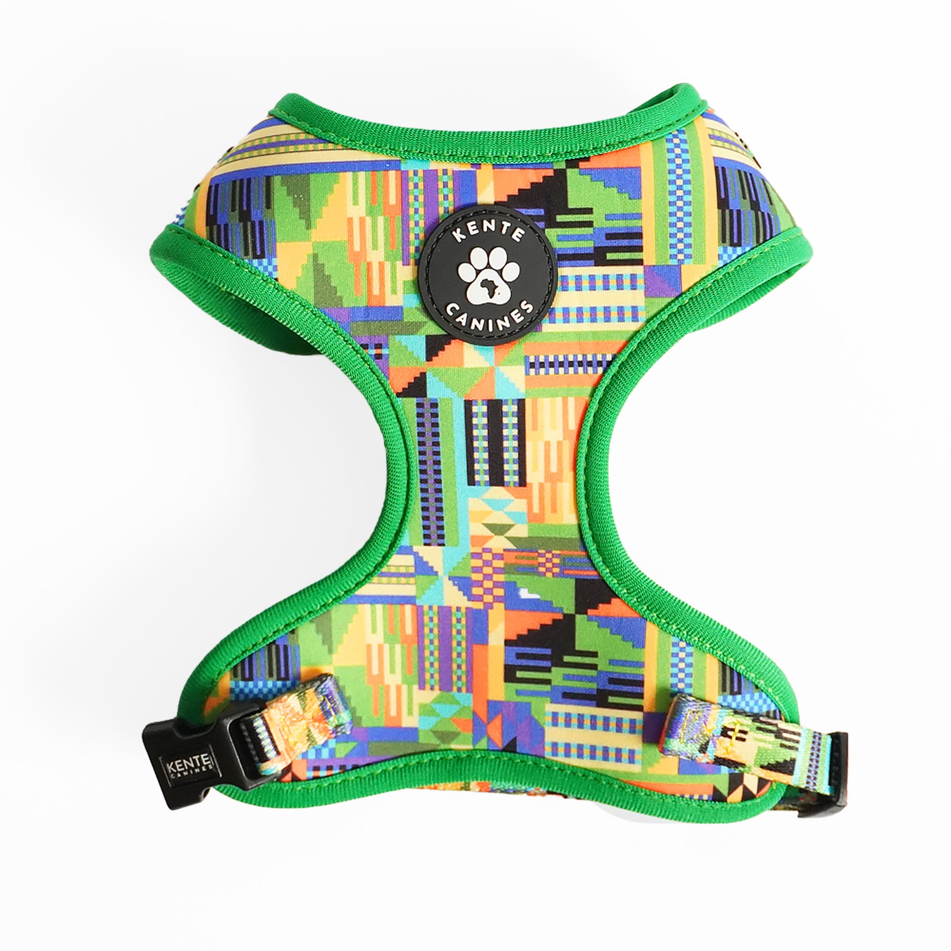 Kente Canines Jungle Green dog harness frontwith colorful pattern on a white background