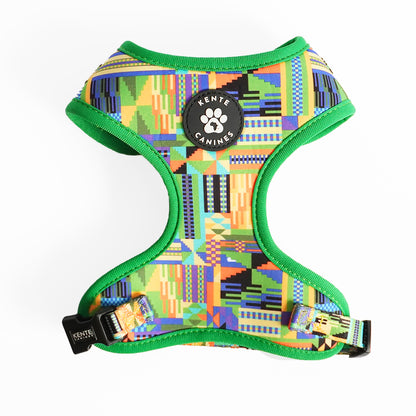 Kente Canines Jungle Green dog harness frontwith colorful pattern on a white background
