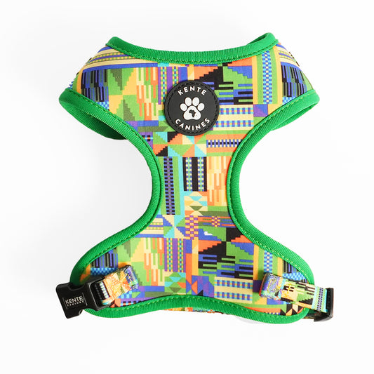 Kente Canines Jungle Green dog harness frontwith colorful pattern on a white background