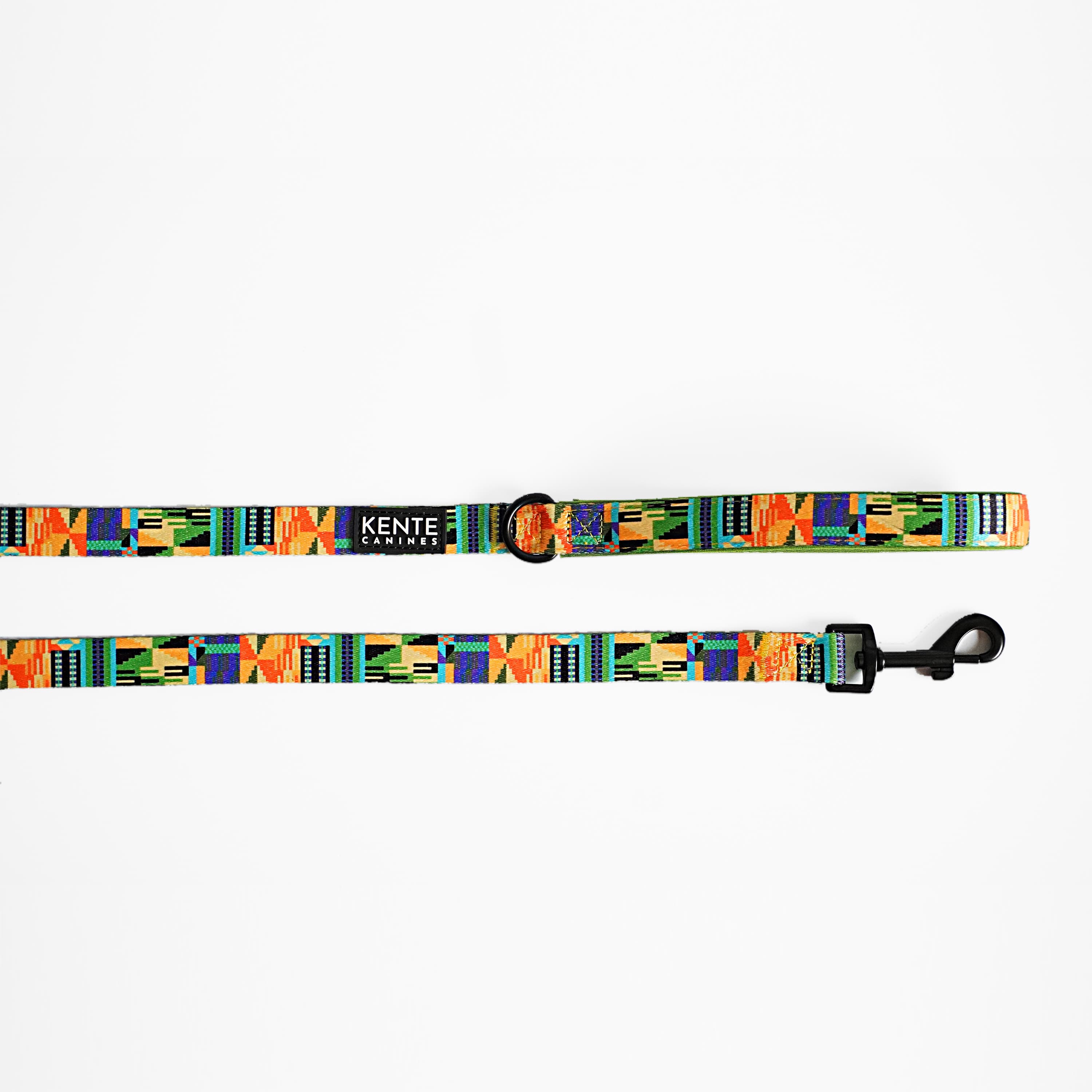 Kente Canines Jungle Green leash with Kente pattern on a white background