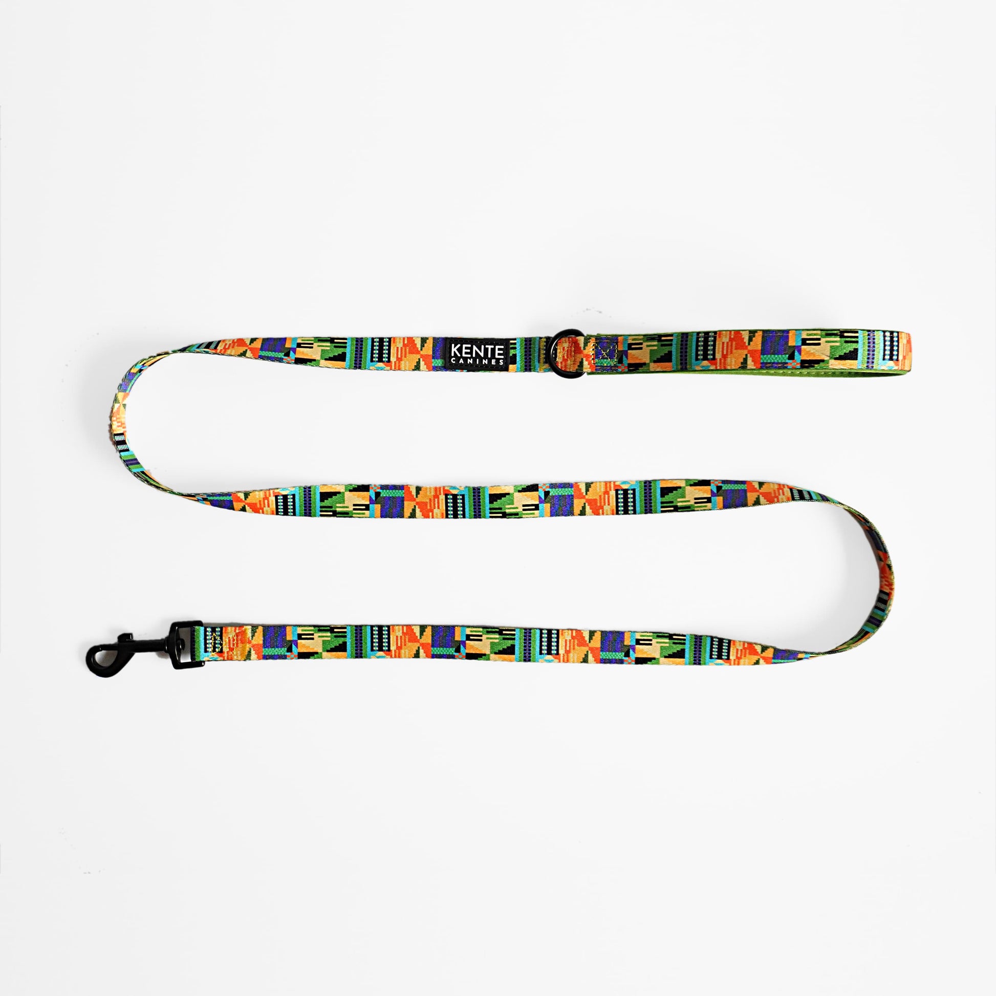 Kente Canines Jungle Green leash with Kente pattern on a white background