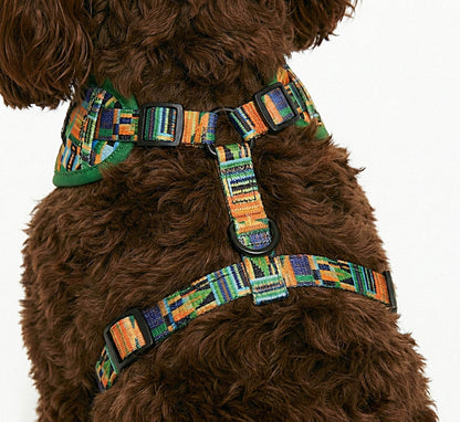 Brown dog wearing Kente Canines Jungle Green patterned harness on a white background from the back zoomed in