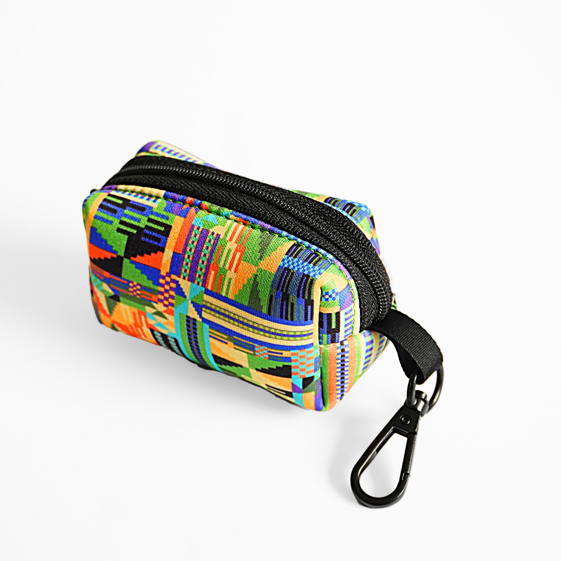 Kente Canines Jungle Green Colorful geometric-patterned poop bag pouch dispenser back with a carabiner on a white background