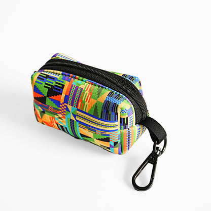 Kente Canines Jungle Green Colorful geometric-patterned poop bag pouch dispenser back with a carabiner on a white background