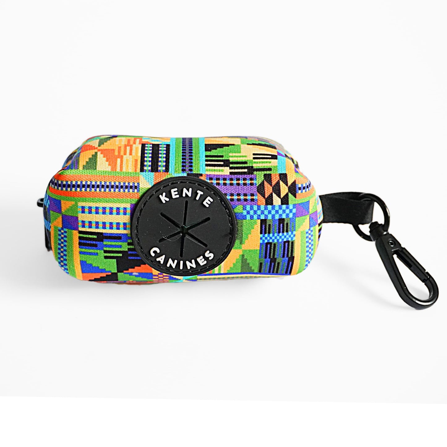 Kente Canines Jungle Green Colorful geometric-patterned poop bag pouch dispenser front with a carabiner on a white background