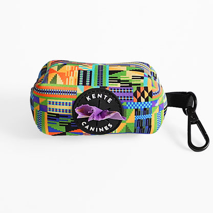 Kente Canines Jungle Green Colorful geometric-patterned poop bag pouch dispenser front with a carabiner and bag on a white background