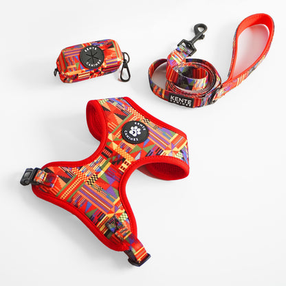 Kente Canines Safari Sunset Colorful dog harness, leash, and poop bag dispenser 3-piece set on a white background