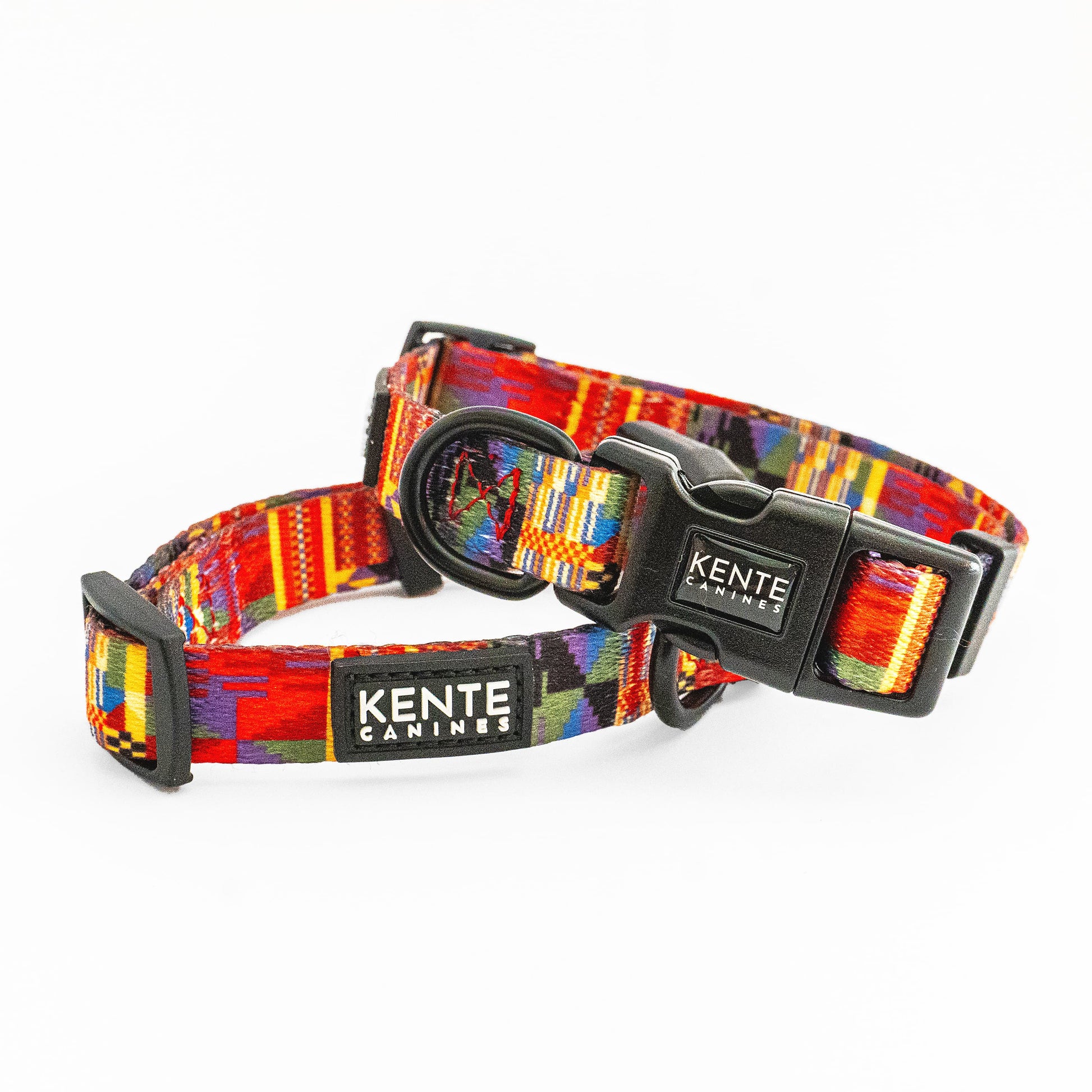 Kente Canines Safari Sunset Colorful dog collar with 'Kente Canines' branding on a white background
