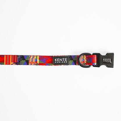 Kente Canines Safari Sunset Colorful dog collar with 'Kente Canines' branding on a white background