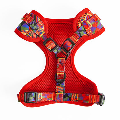 Kente Canines Safari Sunset dog harness back with colorful pattern on a white background