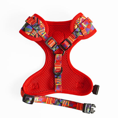 Kente Canines Safari Sunset dog harness back unclipped with colorful pattern on a white background