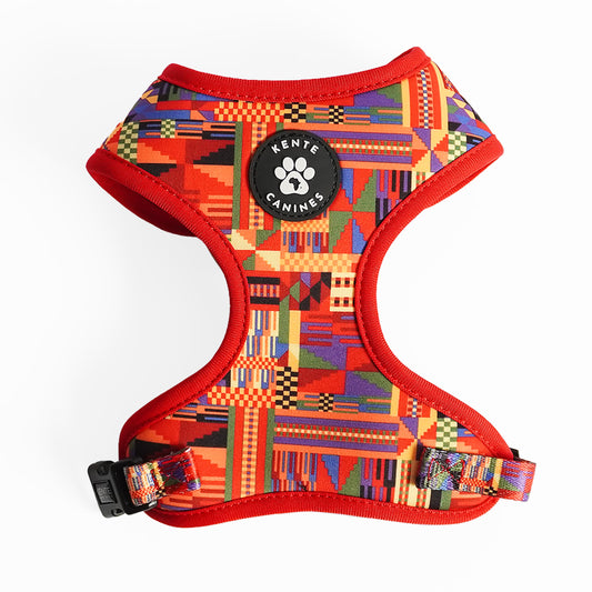 Kente Canines Safari Sunset dog harness front with colorful pattern on a white background