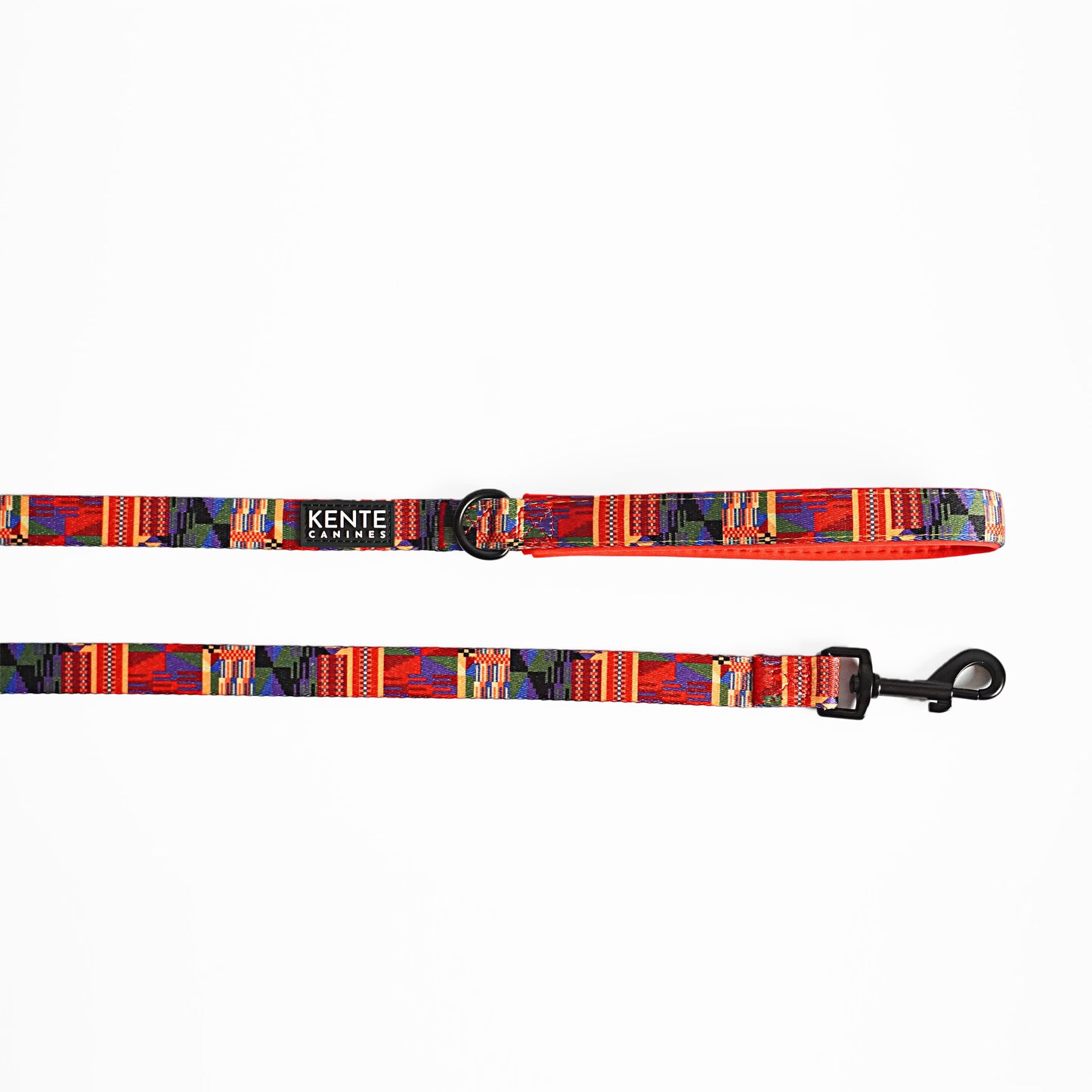 Kente Canines Safari Sunset Red leash with Kente pattern on a white background