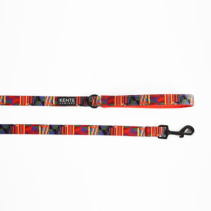 Kente Canines Safari Sunset Red leash with Kente pattern on a white background