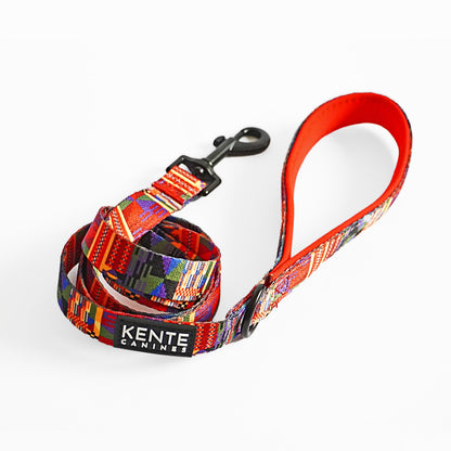 Kente Canines Safari Sunset Red leash with Kente pattern on a white background