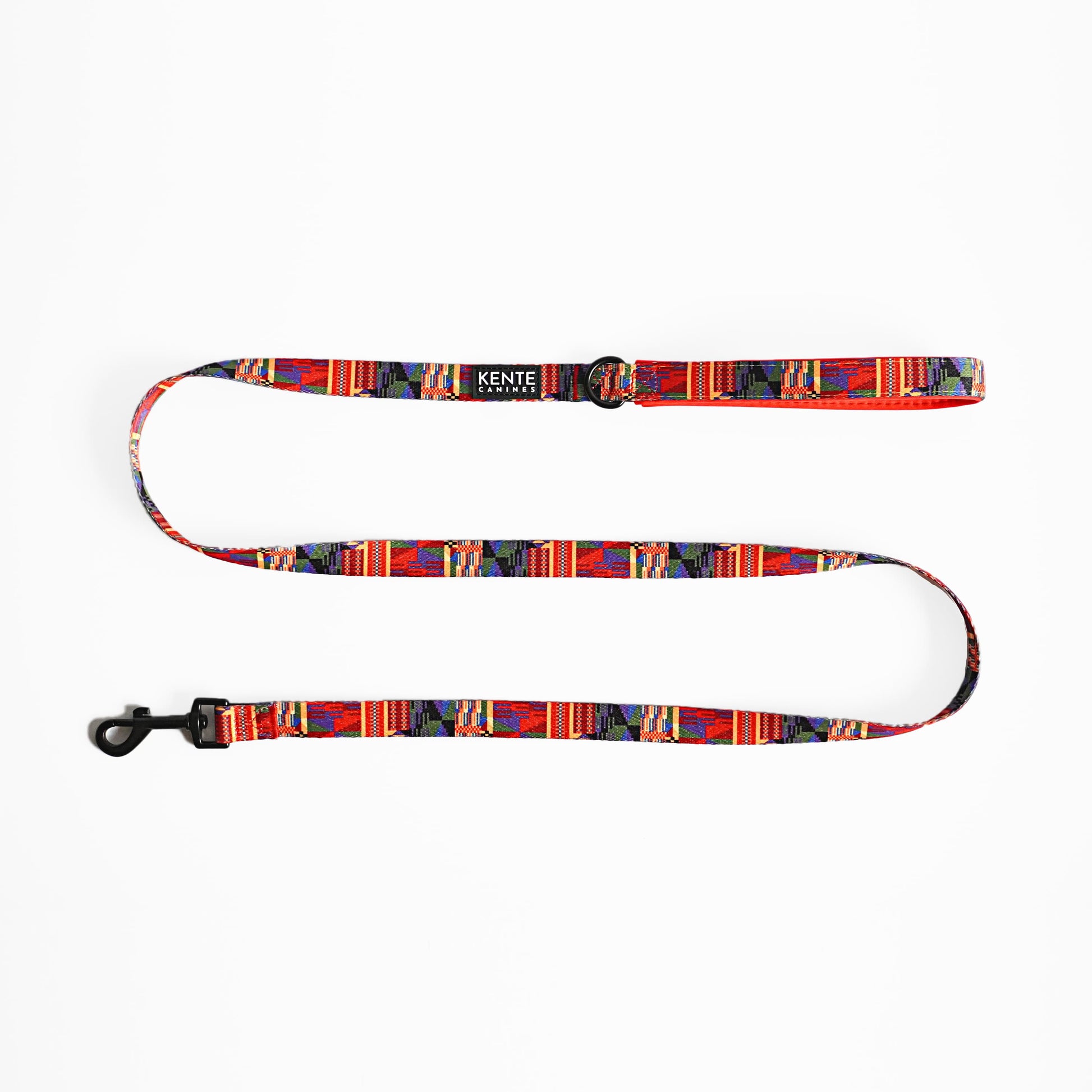 Kente Canines Safari Sunset Red leash with Kente pattern on a white background