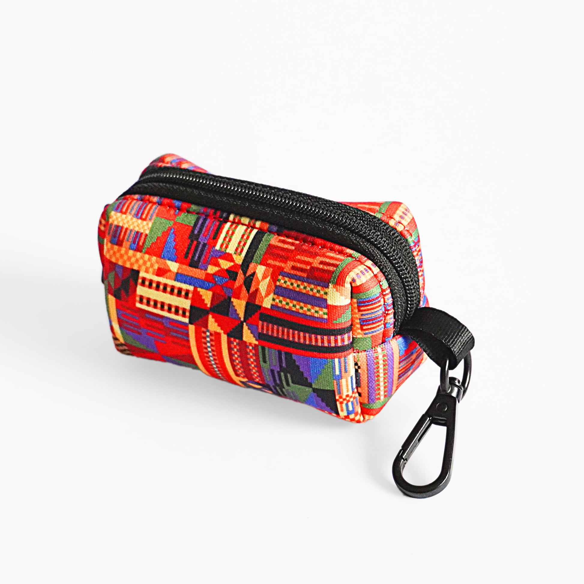 Kente Canines Safari Sunset Red Colorful geometric-patterned poop bag pouch dispenser back with a carabiner on a white background