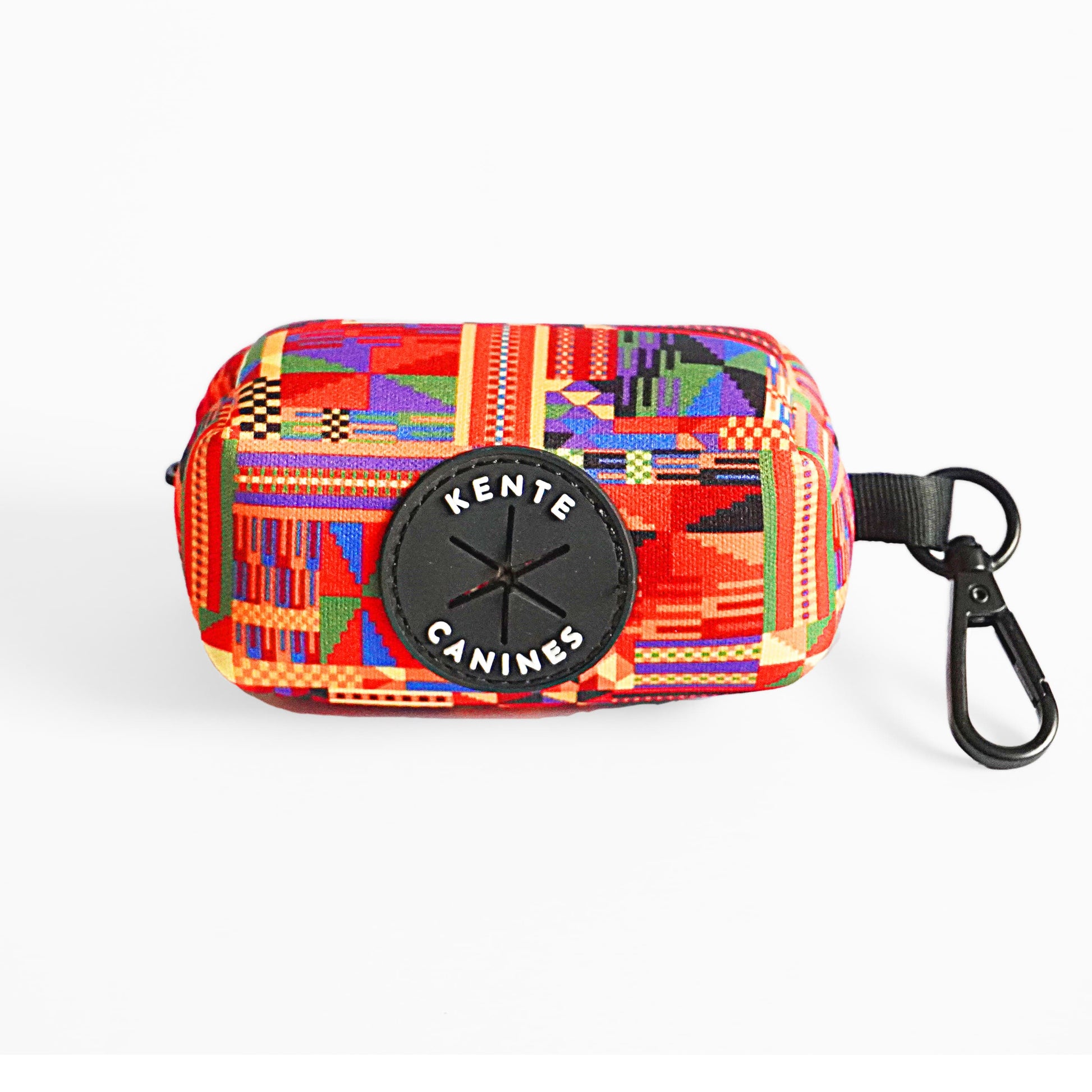 Kente Canines Safari Sunset Red Colorful geometric-patterned poop bag pouch dispenser front with a carabiner on a white background