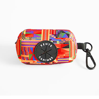 Kente Canines Safari Sunset Red Colorful geometric-patterned poop bag pouch dispenser front with a carabiner on a white background