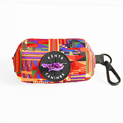 Kente Canines Safari Sunset Red Colorful geometric-patterned poop bag pouch dispenser front with a carabiner and bag on a white background