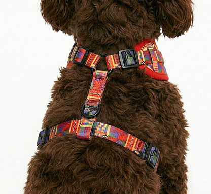 Brown dog wearing Kente Canines Safari Sunset Red patterned harness on a white background from the back zoomed in